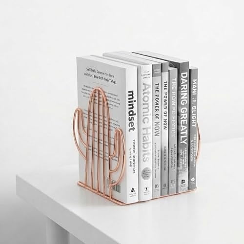 oddpod™ Rose Gold Cactus Decorative Metal Bookends/Non-Slip Desktop Book Shelf Organiser for Office Decor, Home, Living Room, School & Library (Set of 2) - Image 1