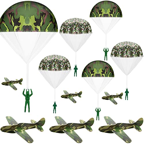 Jerify 12 Pcs Parachute Toys and Camouflage Foam Airplanes Set Parachute Army Men Toys for Kids Army Hand Throwing and Foam Glider for Boys Gifts Outdoor Party Favors Camouflage - Image 1