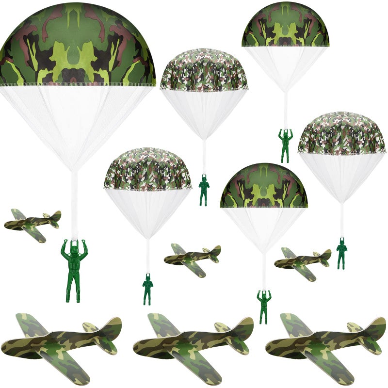 Jerify 12 Pcs Parachute Toys and Camouflage Foam Airplanes Set Parachute Army Men Toys for Kids Army Hand Throwing and Foam Glider for Boys Gifts Outdoor Party Favors Camouflage - Image 3