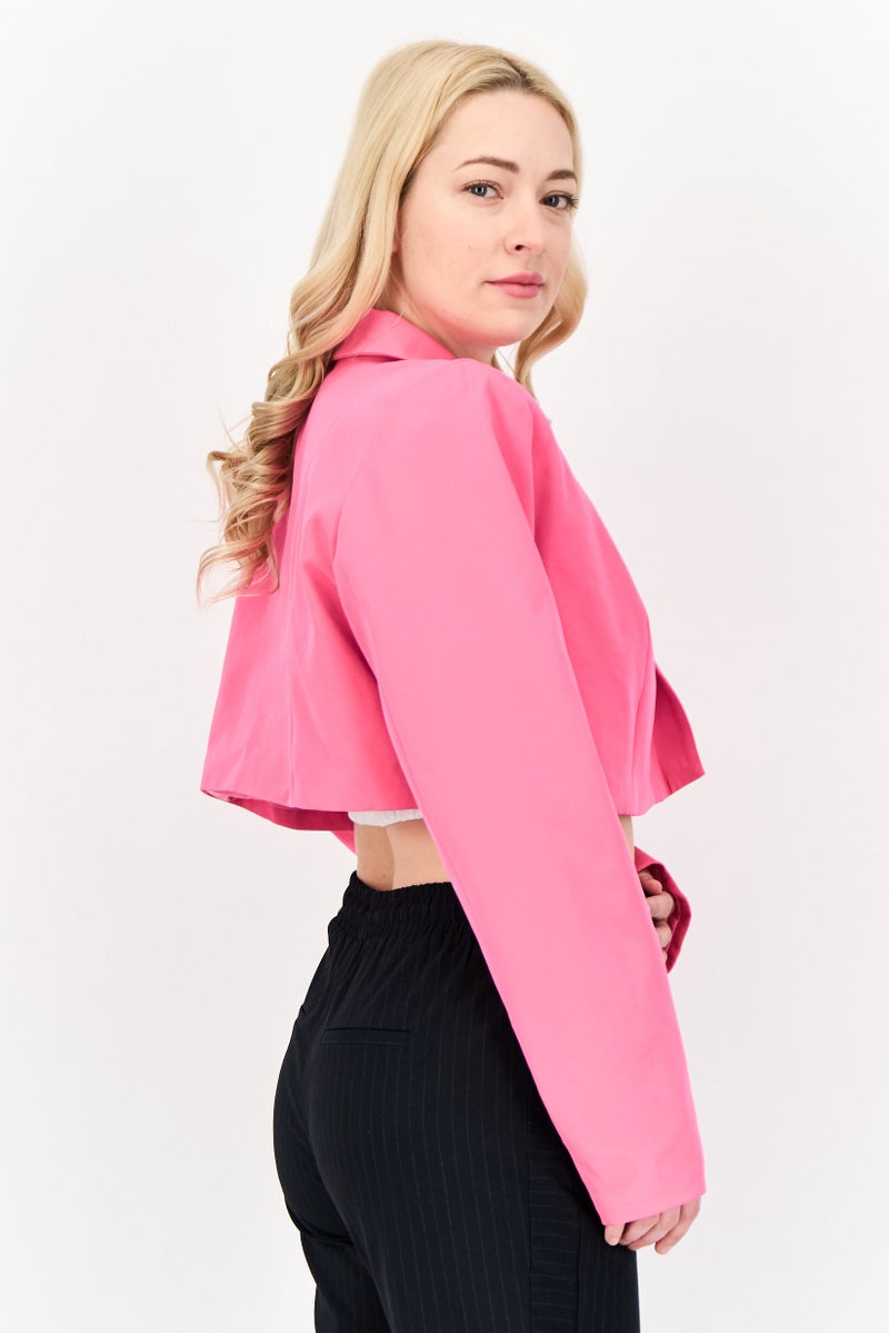 I SAW IT FIRST Women Regular Fit Plain Crop Blazer, Pink  - Image 4