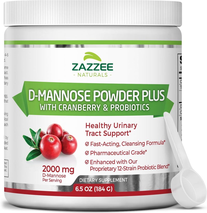 Zazzee D-Mannose Powder Plus, 2000 mg, 67 Servings, Potent & Fast-Acting, Plus 5 Billion CFU Probiotics and Pure Cranberry Juice Extract, Free Scoop, 6.5 Oz, Vegan, Gluten-Free, Non-GMO, All-Natural