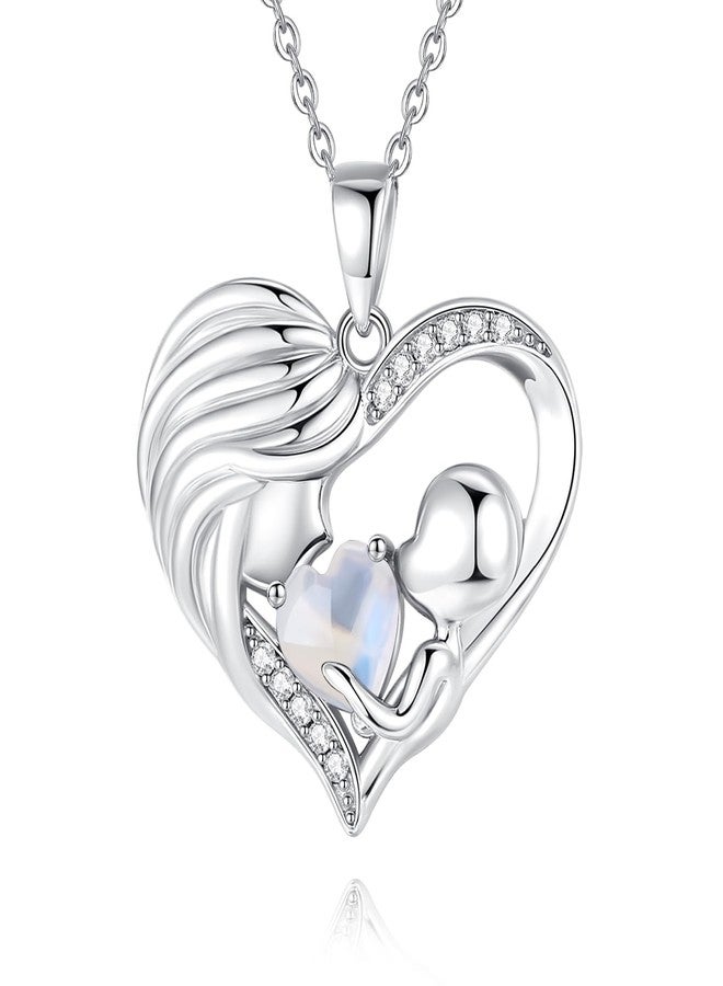 FANCIME Mom Birthstone Necklace Moonstone Mother and Child Love Heart Necklace I Love You Mom Gifts Mothers Day June Jewelry Gifts for Grandmother Women Wife, 16"+2" Inches - Image 1