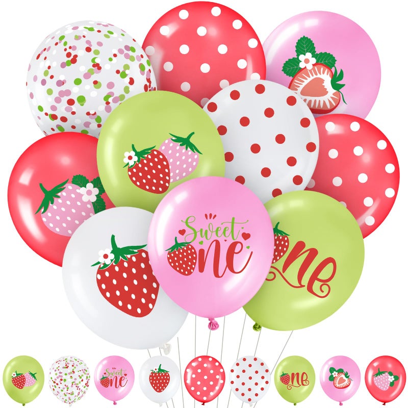 Charnoel 36 Pcs Strawberry Balloons 12 in Sweet One Balloons Latex Pink Red White Green Clear with Polka Dot for Girls First Birthday Party Berry First Birthday Baby Shower Summer Garden Party Decor - Image 3