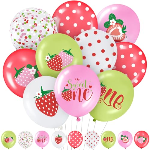 Charnoel 36 Pcs Strawberry Balloons 12 in Sweet One Balloons Latex Pink Red White Green Clear with Polka Dot for Girls First Birthday Party Berry First Birthday Baby Shower Summer Garden Party Decor - Image 1