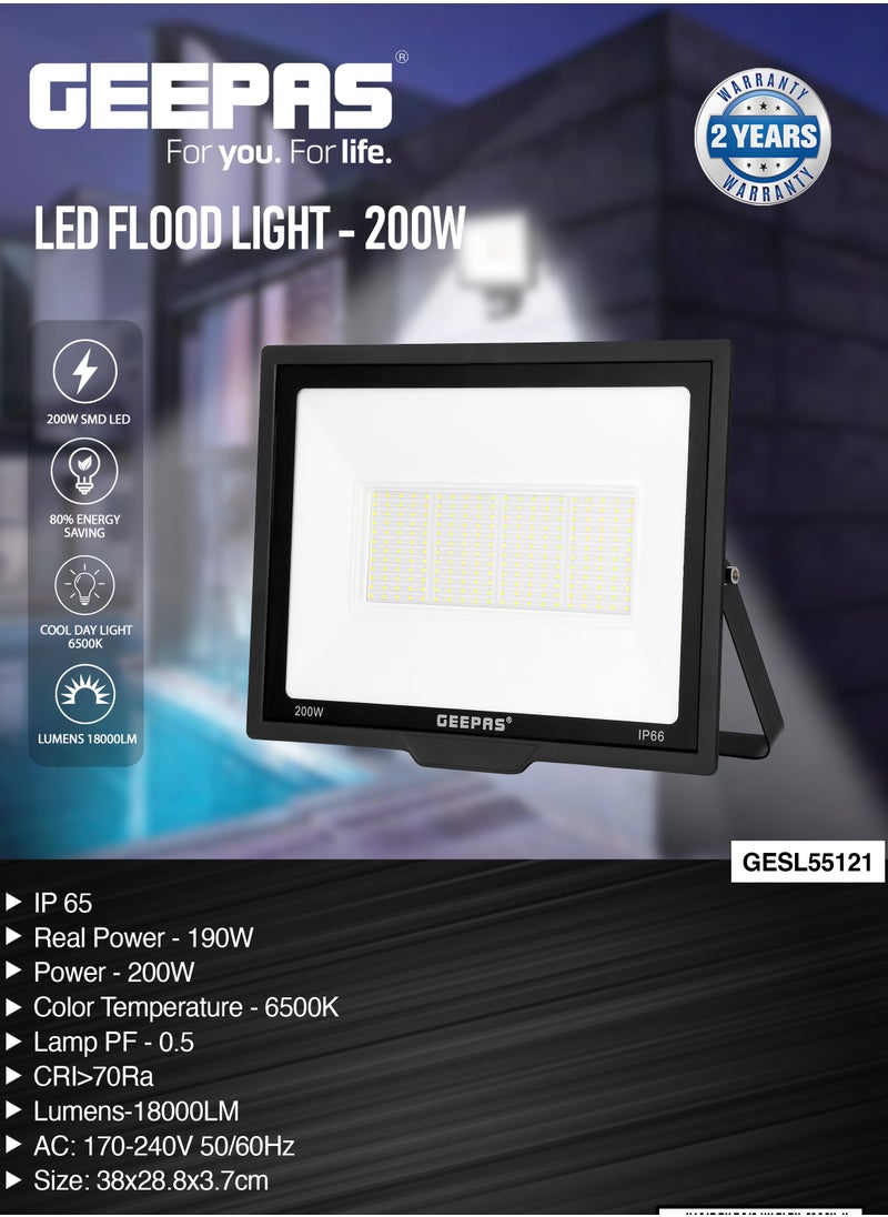 GEEPAS Geepas 200 W LED Flood Light GESL55121,1800 Lumens and 6500 K Color Temperature| 80% Energy Efficient LED Light, Perfect for Outdoor Spaces, Sports Arenas, Parking Lot, Etc.| 2 Year Warranty Black  - Image 5