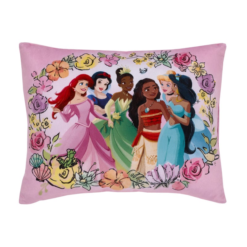 Disney Princesses Courage and Kindness Pink Blue Green and Yellow Ariel and Snow White Tiana and Moana Cinderella and Jasmine Decorative Throw Pillow