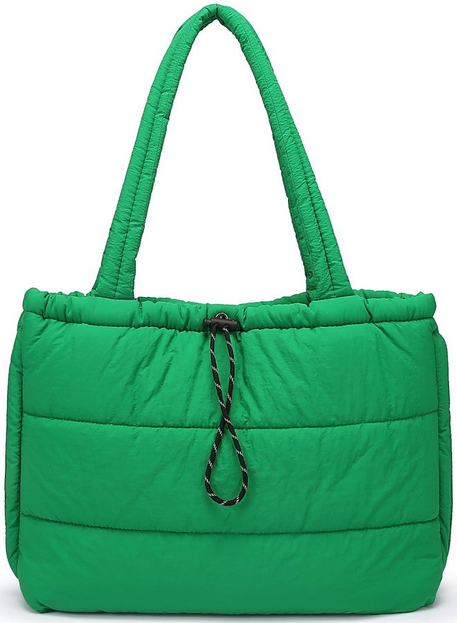 Queenoris Puffer Tote Bag for Women, Large Quilted Lightweight Satchel Purse Travel Gym Bag, Green, Large - Image 1