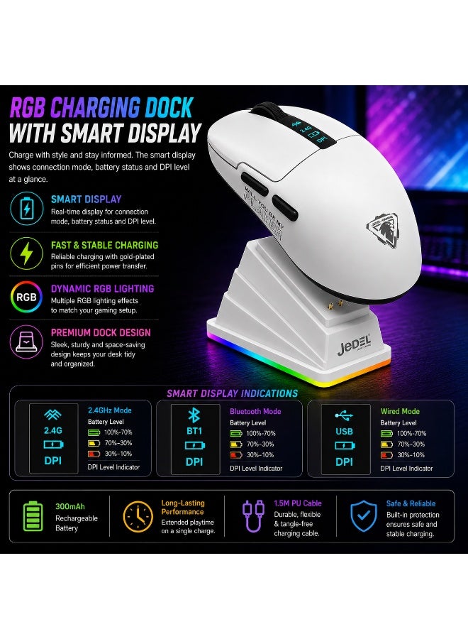 جي ديل ماوس الألعاب اللاسلكي GWH-113 ثلاثي الأوضاع RGB مع قاعدة شحن وشاشة عرض - بلوتوث، 2.4 جيجاهرتز وسلكي USB، مستشعر بصري 8000 نقطة في البوصة، 6 أزرار قابلة للبرمجة (أبيض) - Image 3