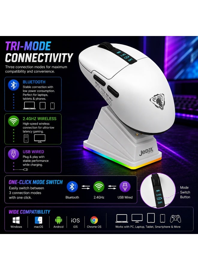 جي ديل ماوس الألعاب اللاسلكي GWH-113 ثلاثي الأوضاع RGB مع قاعدة شحن وشاشة عرض - بلوتوث، 2.4 جيجاهرتز وسلكي USB، مستشعر بصري 8000 نقطة في البوصة، 6 أزرار قابلة للبرمجة (أبيض) - Image 2