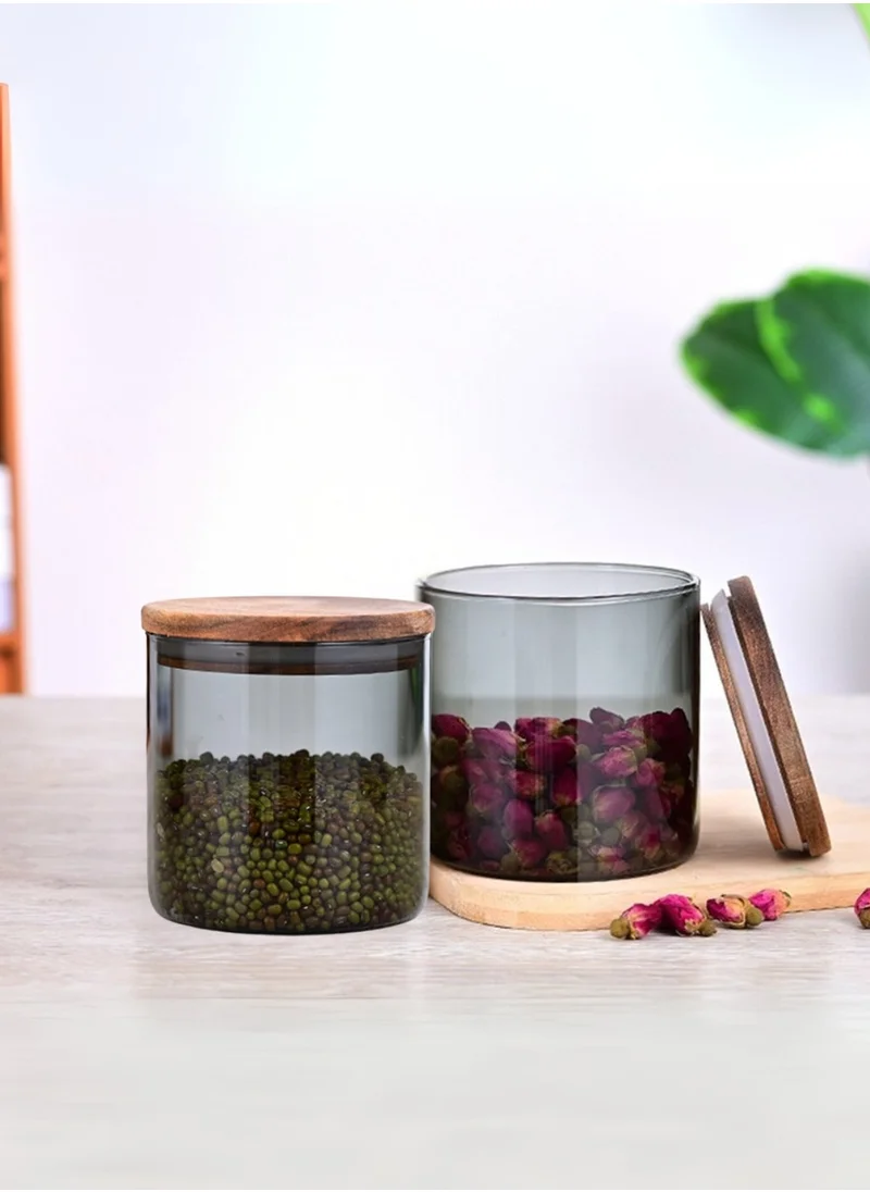 1Chase Borosilicate Glass Storage Jar Smoky Grey 600ML - (Set of 2) | Airtight Food Container with Acacia Wooden Lid | Durable & Stylish Kitchen Storage