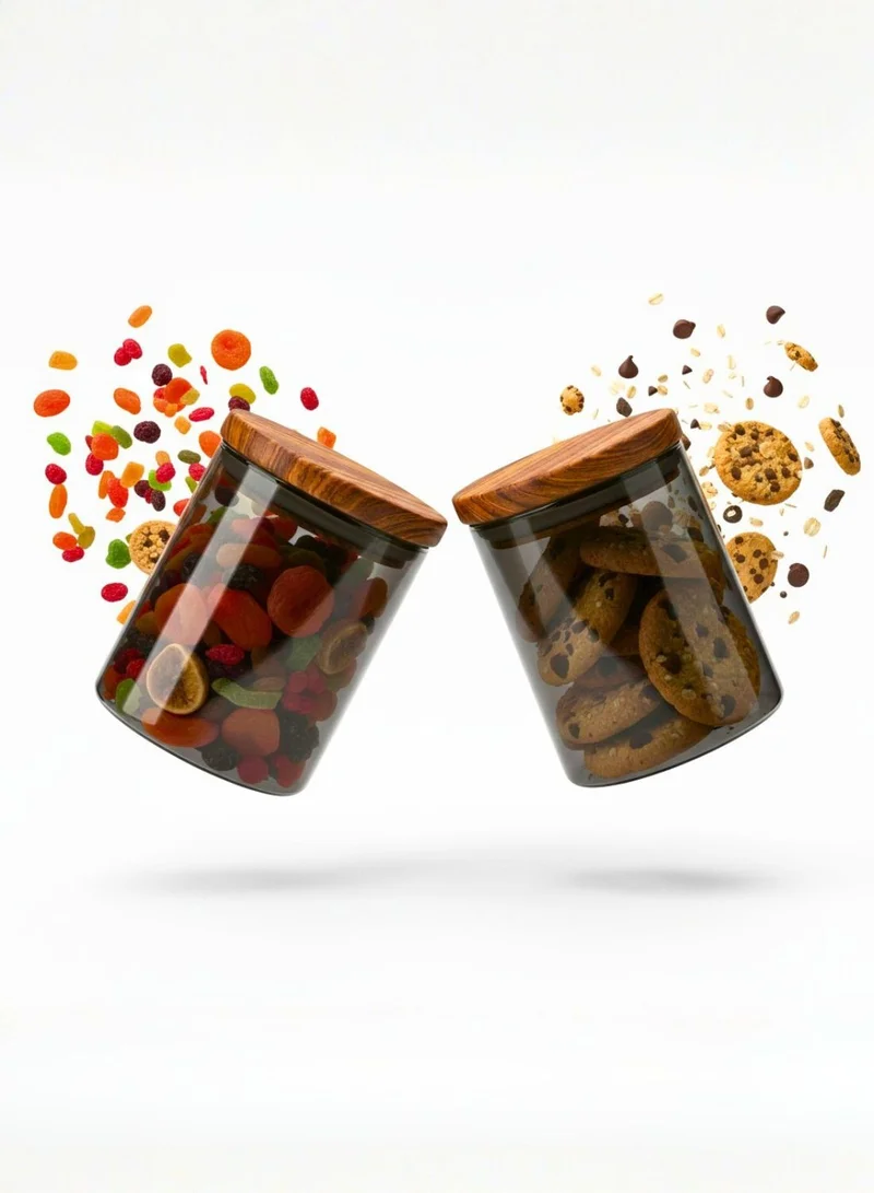 1Chase Borosilicate Glass Storage Jar Smoky Grey 600ML - (Set of 2) | Airtight Food Container with Acacia Wooden Lid | Durable & Stylish Kitchen Storage