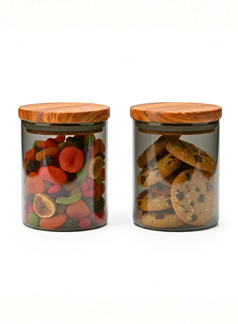1Chase Borosilicate Glass Storage Jar Smoky Grey 600ML - (Set of 2) | Airtight Food Container with Acacia Wooden Lid | Durable & Stylish Kitchen Storage