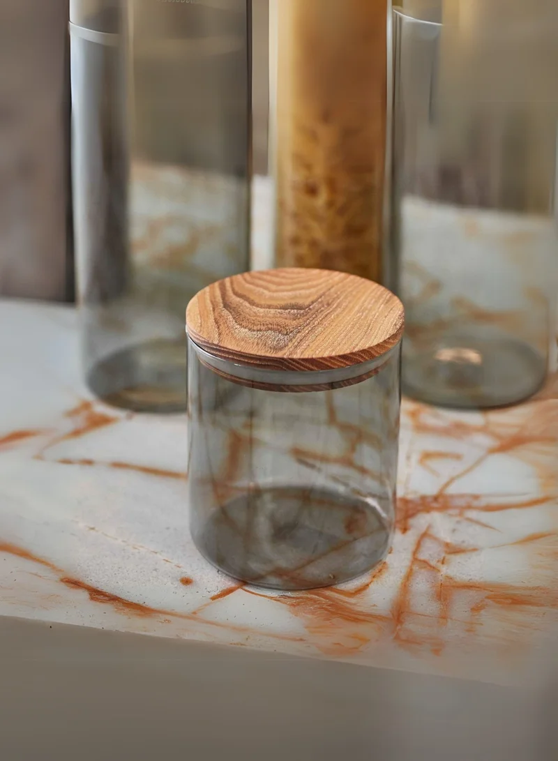 1Chase Borosilicate Glass Storage Jar Smoky Grey 600ML - (Set of 2) | Airtight Food Container with Acacia Wooden Lid | Durable & Stylish Kitchen Storage