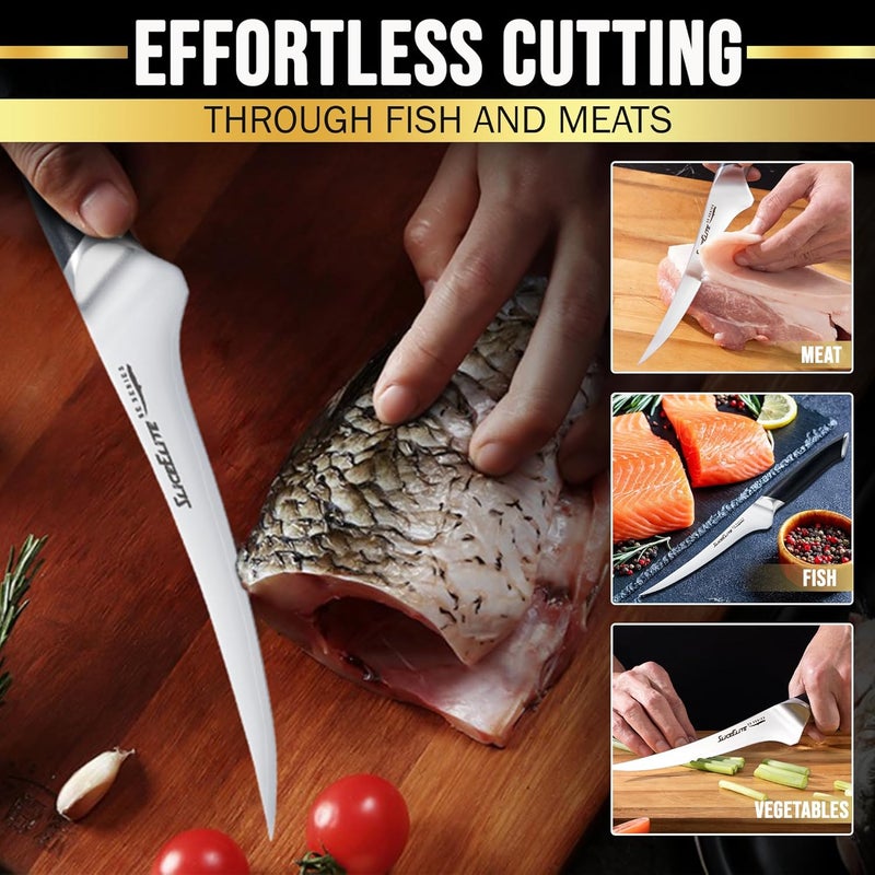 SliceElite SE Series 7-Inch Fillet Knife for Meat & Fish – Razor-Sharp VG10 Steel Blade, Precision Trimming & Boning Knife for Meat Cutting, Professional Fillet Knofe with Pakkawood Handle - Image 4
