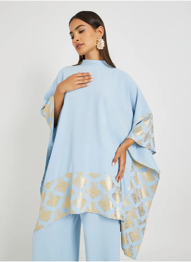ستايلي Foil Print High Neck Kimono and Wide Leg Pants Co-Ords