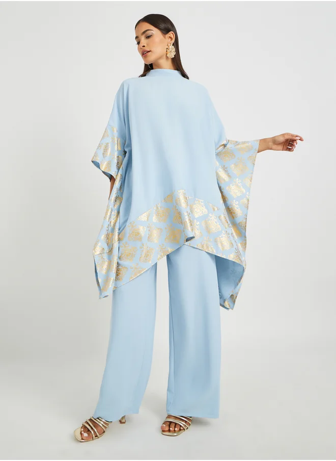 ستايلي Foil Print High Neck Kimono and Wide Leg Pants Co-Ords