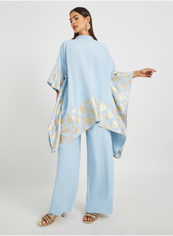 Styli Foil Print High Neck Kimono and Wide Leg Pants Co-Ords  - Image 1