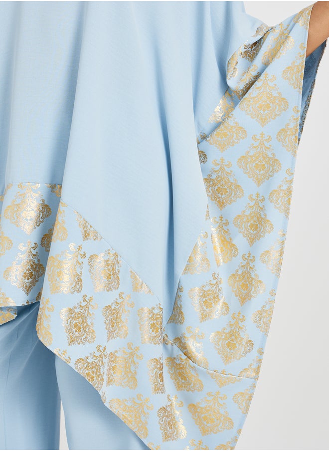 Styli Foil Print High Neck Kimono and Wide Leg Pants Co-Ords  - Image 3
