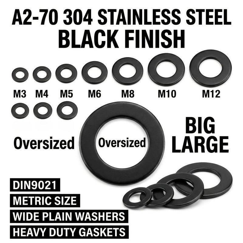 Stainless Steel A2-70 Black Flat Washers M8 Heavy Duty DIN9021 Spacers - Image 1