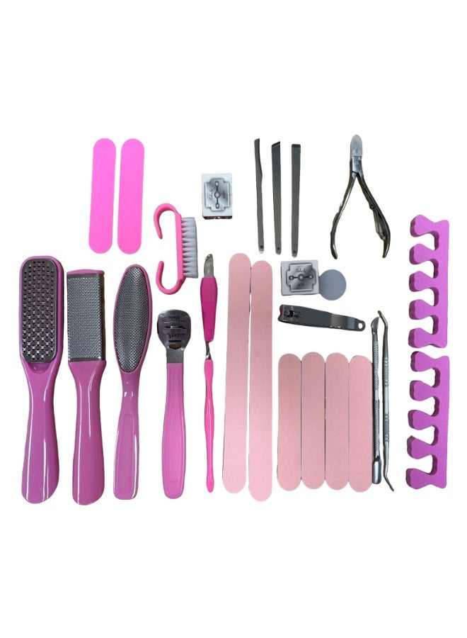 مجموعة العناية بالأقدام 27 في 1 - أدوات مهنية من الفولاذ المقاوم للصدأ للرجال والنساء | مزيل الجلد القاسي، مبرد القدم وأدوات العناية باليدين للاستخدام المنزلي والمحلات (وردي) - Image 1