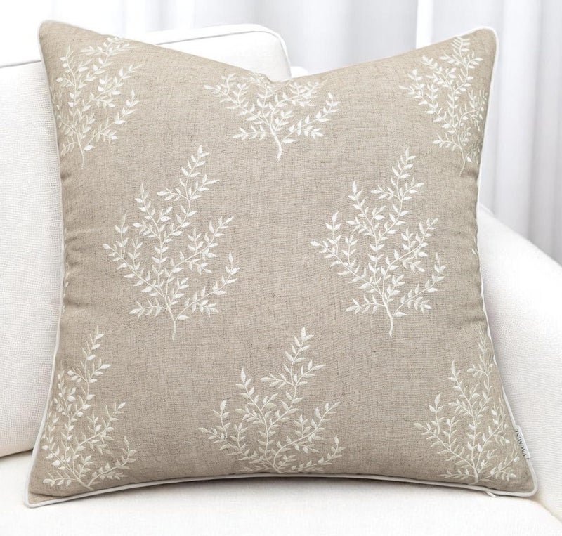 VAGMINE Embroidered Botanical Accent Pillow Cover 20x20 â€“ Natural Linen Square Cushion Cover for Chair & Couch Styling â€“ Leaves - Image 1