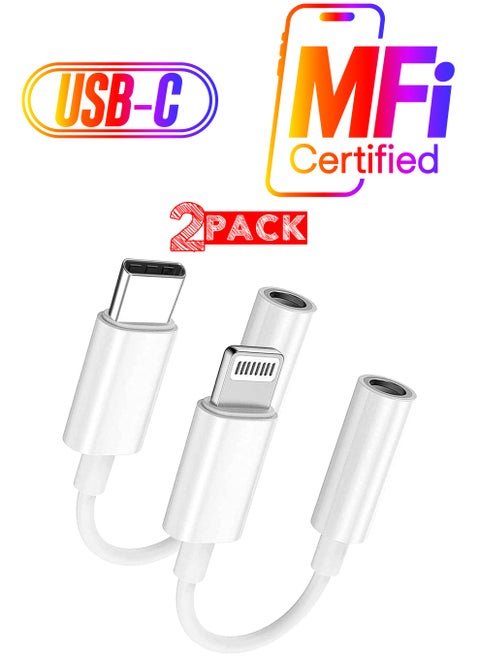 2Packs Lightning to 3.5mm AUX Jack Adapter Cable and USB C Type C to AUX Jack Adapter / White Colour