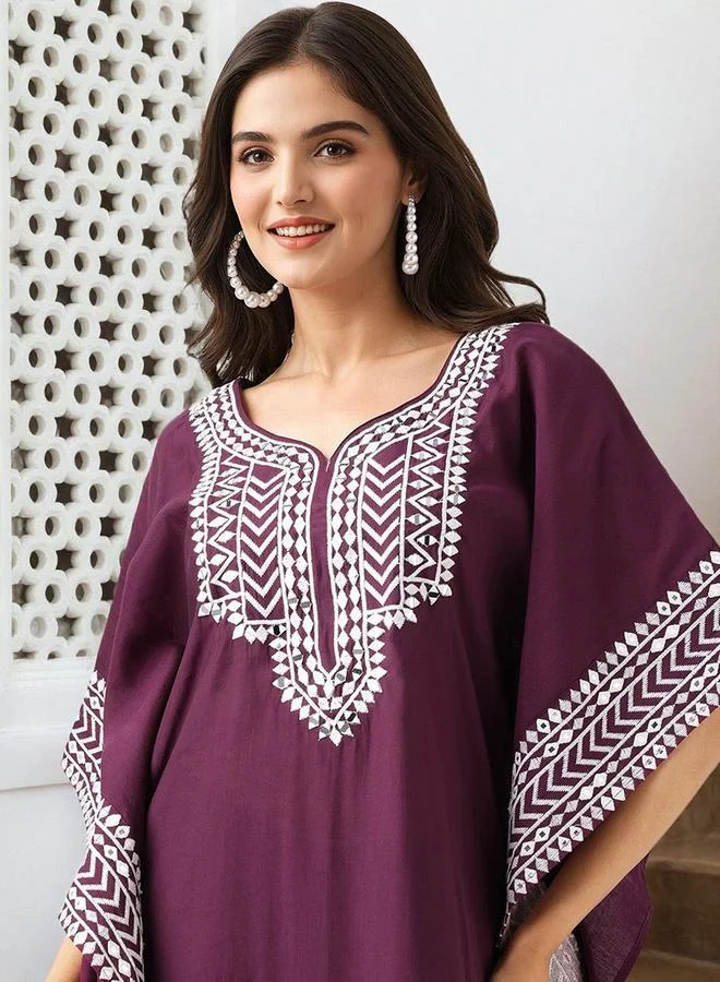 ISHIN Maroon Maroon roman silk Embellished Pattern Straight Kurta Set for Women with Round Neck Neckline Three-Fourth Sleeves Calf length Upper Body Wear Tunic Full Length Bottom Body Wear Palazzo Elastic Closure - Perfect for Festive Occasions for Women | Best Price UAE