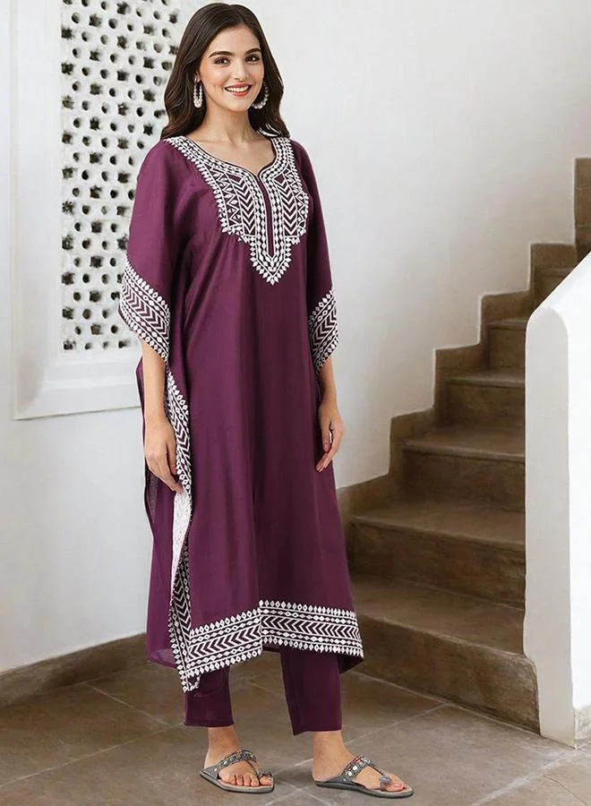 ISHIN Maroon Maroon roman silk Embellished Pattern Straight Kurta Set for Women with Round Neck Neckline Three-Fourth Sleeves Calf length Upper Body Wear Tunic Full Length Bottom Body Wear Palazzo Elastic Closure - Perfect for Festive Occasions for Women | Best Price UAE