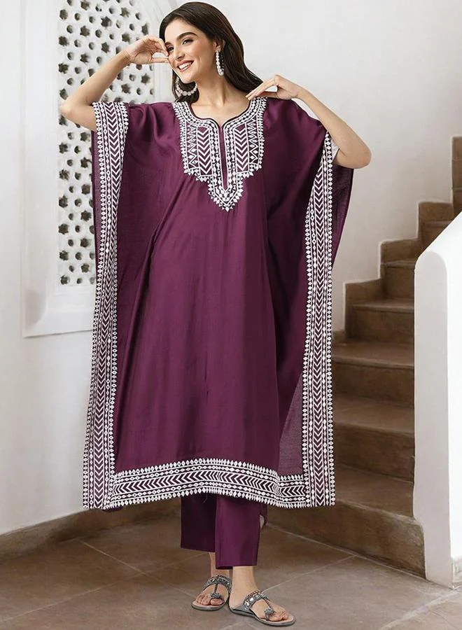 Maroon roman silk Embellished Pattern Straight Kurta Set for Women with Round Neck Neckline Three-Fourth Sleeves Calf length Upper Body Wear Tunic Full Length Bottom Body Wear Palazzo Elastic Closure - Perfect for Festive Occasions