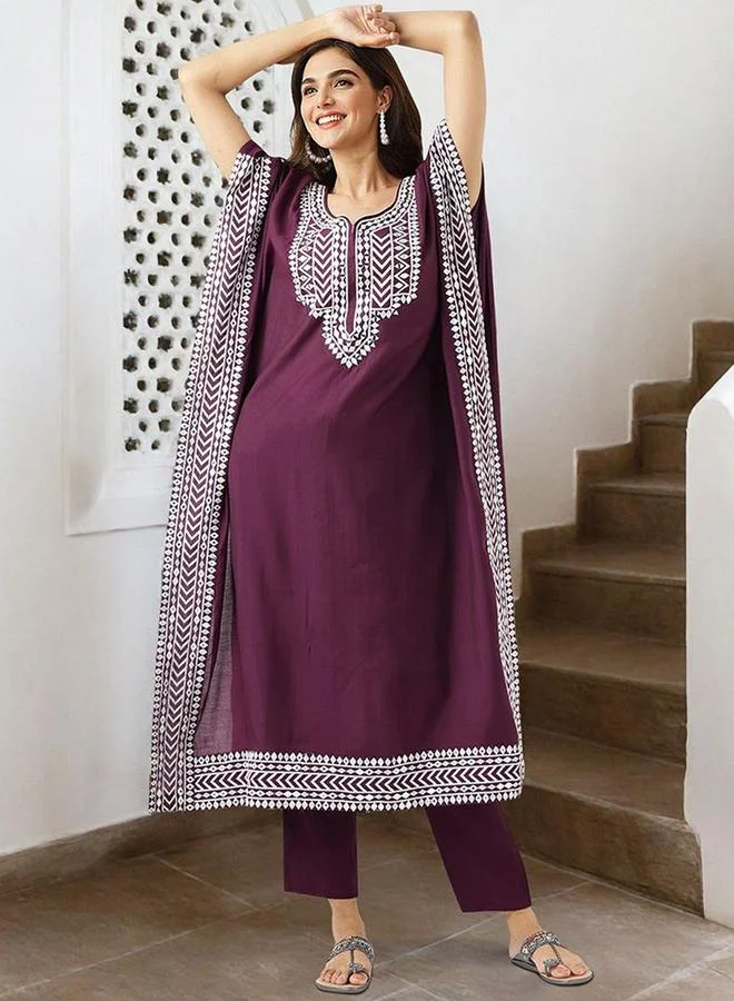 ISHIN Maroon Maroon roman silk Embellished Pattern Straight Kurta Set for Women with Round Neck Neckline Three-Fourth Sleeves Calf length Upper Body Wear Tunic Full Length Bottom Body Wear Palazzo Elastic Closure - Perfect for Festive Occasions for Women | Best Price UAE