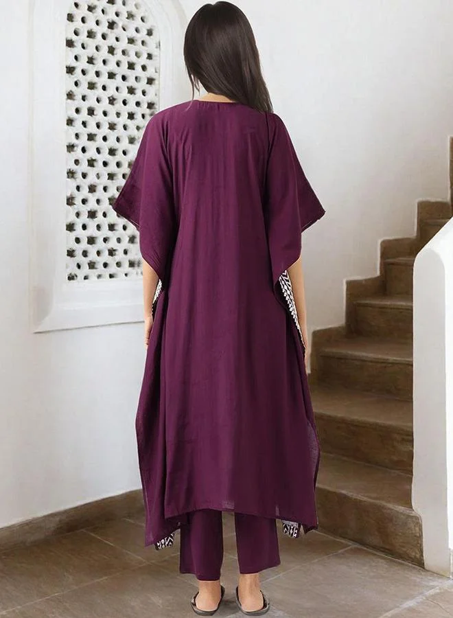 ISHIN Maroon Maroon roman silk Embellished Pattern Straight Kurta Set for Women with Round Neck Neckline Three-Fourth Sleeves Calf length Upper Body Wear Tunic Full Length Bottom Body Wear Palazzo Elastic Closure - Perfect for Festive Occasions for Women | Best Price UAE