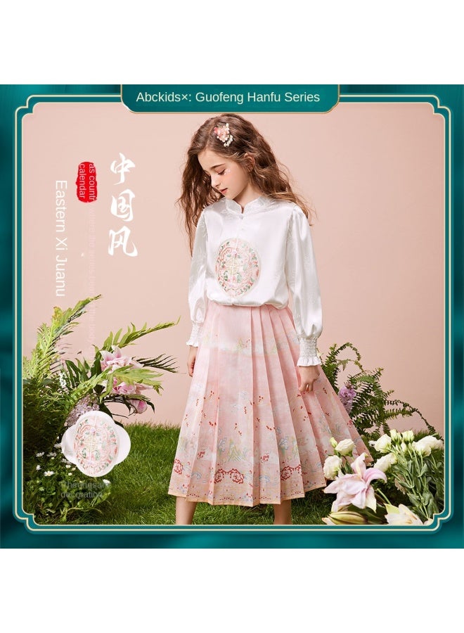 abckids New Chinese Style Set】girls' Autumn 2025 Satin Embroidered Traditional Hanfu Horse-face Skirt Set For Older Kids - Image 1