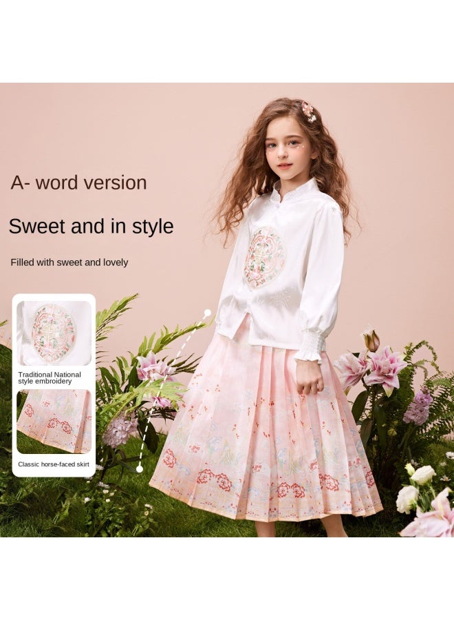 abckids New Chinese Style Set】girls' Autumn 2025 Satin Embroidered Traditional Hanfu Horse-face Skirt Set For Older Kids - Image 4