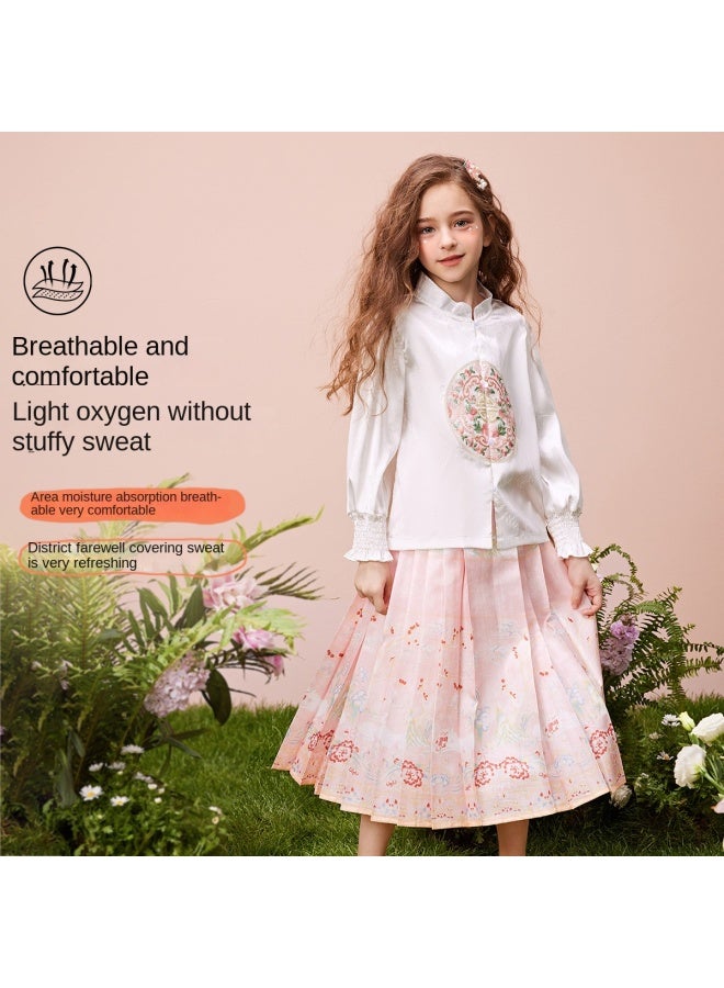 abckids New Chinese Style Set】girls' Autumn 2025 Satin Embroidered Traditional Hanfu Horse-face Skirt Set For Older Kids - Image 3