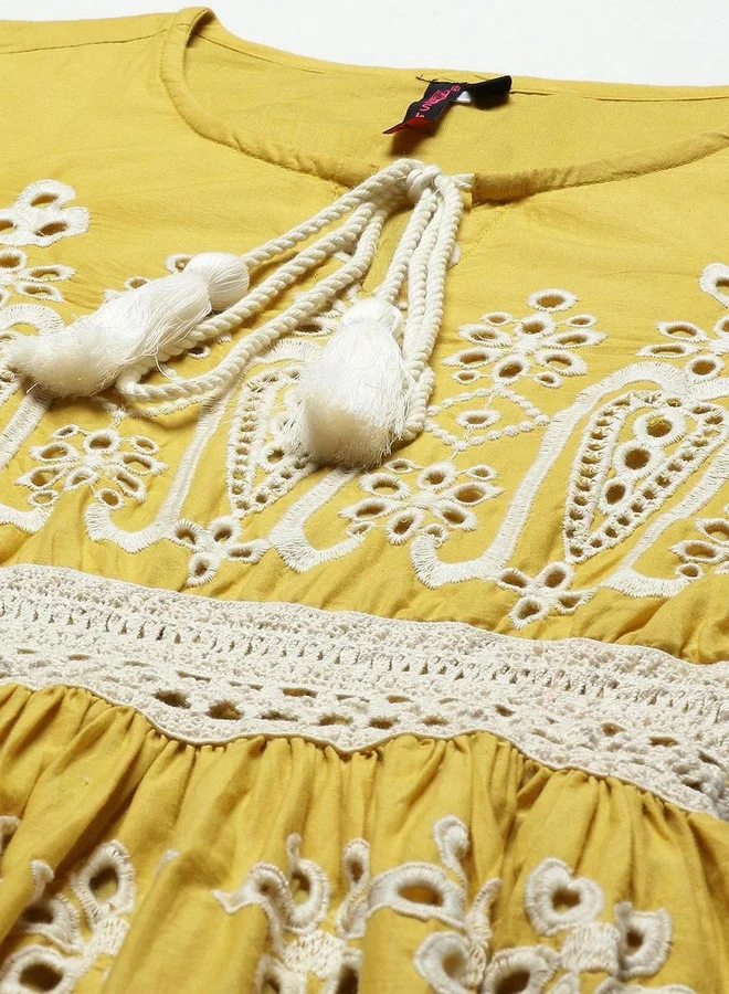 ISHIN ISHIN Mustard Schiffli Embroidered Knee Length Dress