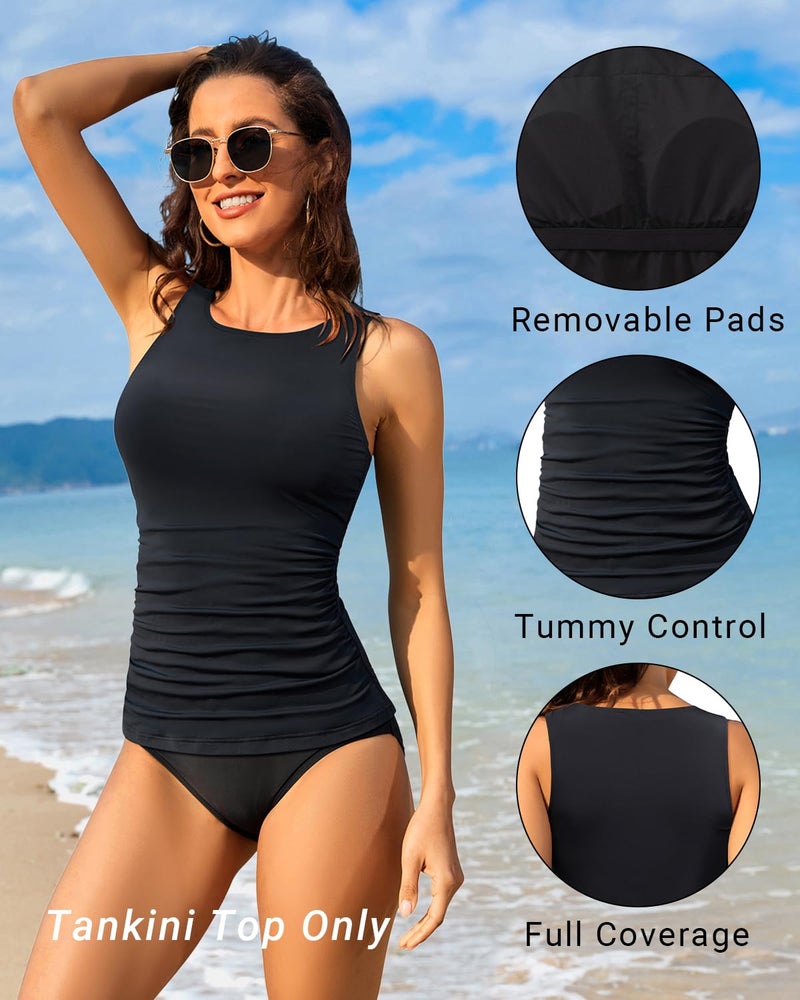 Daci Black Tankini Tops for Women High Neck Swim Top Tummy Control Bathing Suit Top Modest Swim Tank Top No Bottom L - Image 3
