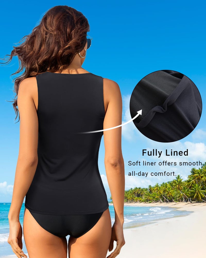 Daci Black Tankini Tops for Women High Neck Swim Top Tummy Control Bathing Suit Top Modest Swim Tank Top No Bottom L - Image 4