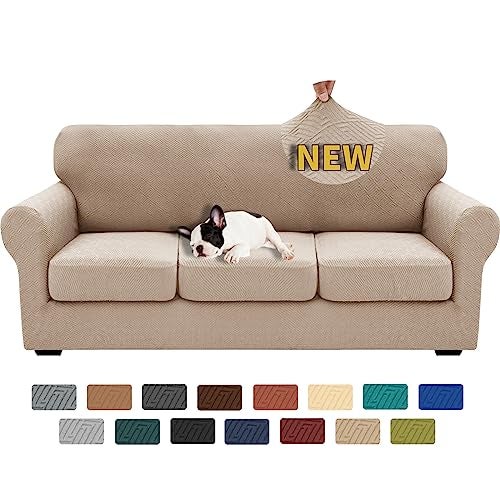XINEAGE 2025 New 4 Pieces Couch Covers for 3 Cushion Couch Super Stretch Thick Soft Sofa Cover Anti Slip Sofa Slipcover Dogs Cats Furniture Protector Khaki 7191