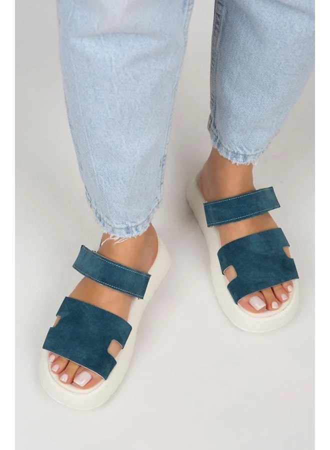 Seina Women's Genuine Leather strap Slippers - Petrol