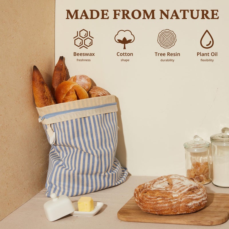 BRONYPRO Reusable Beeswax and Cotton Bread Bags with Zipper, 2-Pack Waxed Bread Bags for Homemade Bread & Sourdough, Sustainable Sourdough Loaf Storage to Lock in Freshness, Large 17x12.6in, Blue - Image 2