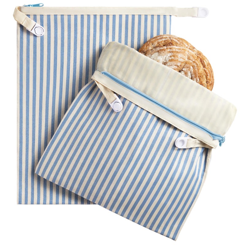 BRONYPRO Reusable Beeswax and Cotton Bread Bags with Zipper, 2-Pack Waxed Bread Bags for Homemade Bread & Sourdough, Sustainable Sourdough Loaf Storage to Lock in Freshness, Large 17x12.6in, Blue - Image 1