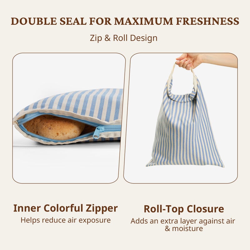 BRONYPRO Reusable Beeswax and Cotton Bread Bags with Zipper, 2-Pack Waxed Bread Bags for Homemade Bread & Sourdough, Sustainable Sourdough Loaf Storage to Lock in Freshness, Large 17x12.6in, Blue - Image 3