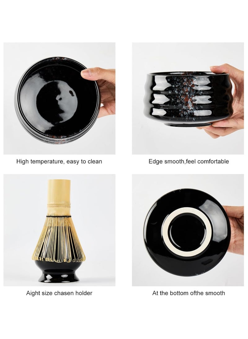 4-piece Japanese Matcha Set, Ceramic Matcha Bowl+Whisk Holder+Bamboo Whisk+Spoon,for Traditional Tea Ceremony-Coarse Ceramic Perfect Handmade Matcha Kit to Prepare Traditional Matcha Tea, 100% Natural Matcha Gift Kit (Black)  - Image 2