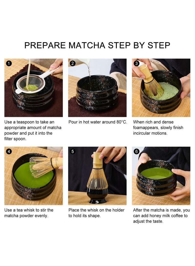 4-piece Japanese Matcha Set, Ceramic Matcha Bowl+Whisk Holder+Bamboo Whisk+Spoon,for Traditional Tea Ceremony-Coarse Ceramic Perfect Handmade Matcha Kit to Prepare Traditional Matcha Tea, 100% Natural Matcha Gift Kit (Black)  - Image 3