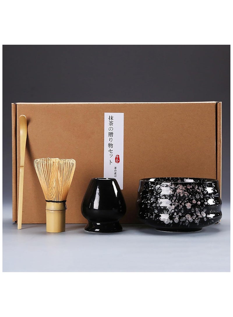 4-piece Japanese Matcha Set, Ceramic Matcha Bowl+Whisk Holder+Bamboo Whisk+Spoon,for Traditional Tea Ceremony-Coarse Ceramic Perfect Handmade Matcha Kit to Prepare Traditional Matcha Tea, 100% Natural Matcha Gift Kit (Black)  - Image 1