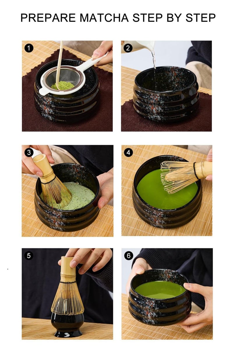 4-piece Japanese Matcha Set, Ceramic Matcha Bowl+Whisk Holder+Bamboo Whisk+Spoon,for Traditional Tea Ceremony-Coarse Ceramic Perfect Handmade Matcha Kit to Prepare Traditional Matcha Tea, 100% Natural Matcha Gift Kit (Black) - Image 3
