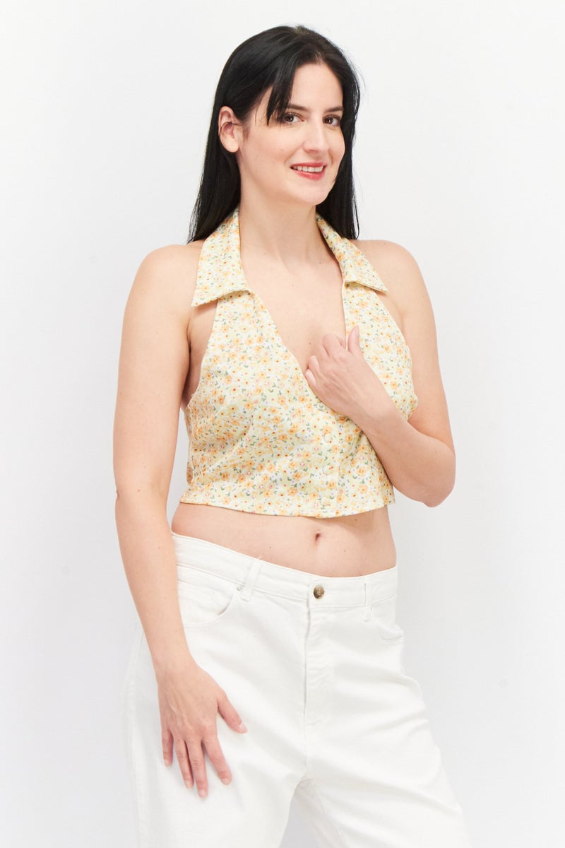 Asos Design Women Halter Neck Sleeveless Floral Print Top, Yellow - Image 1