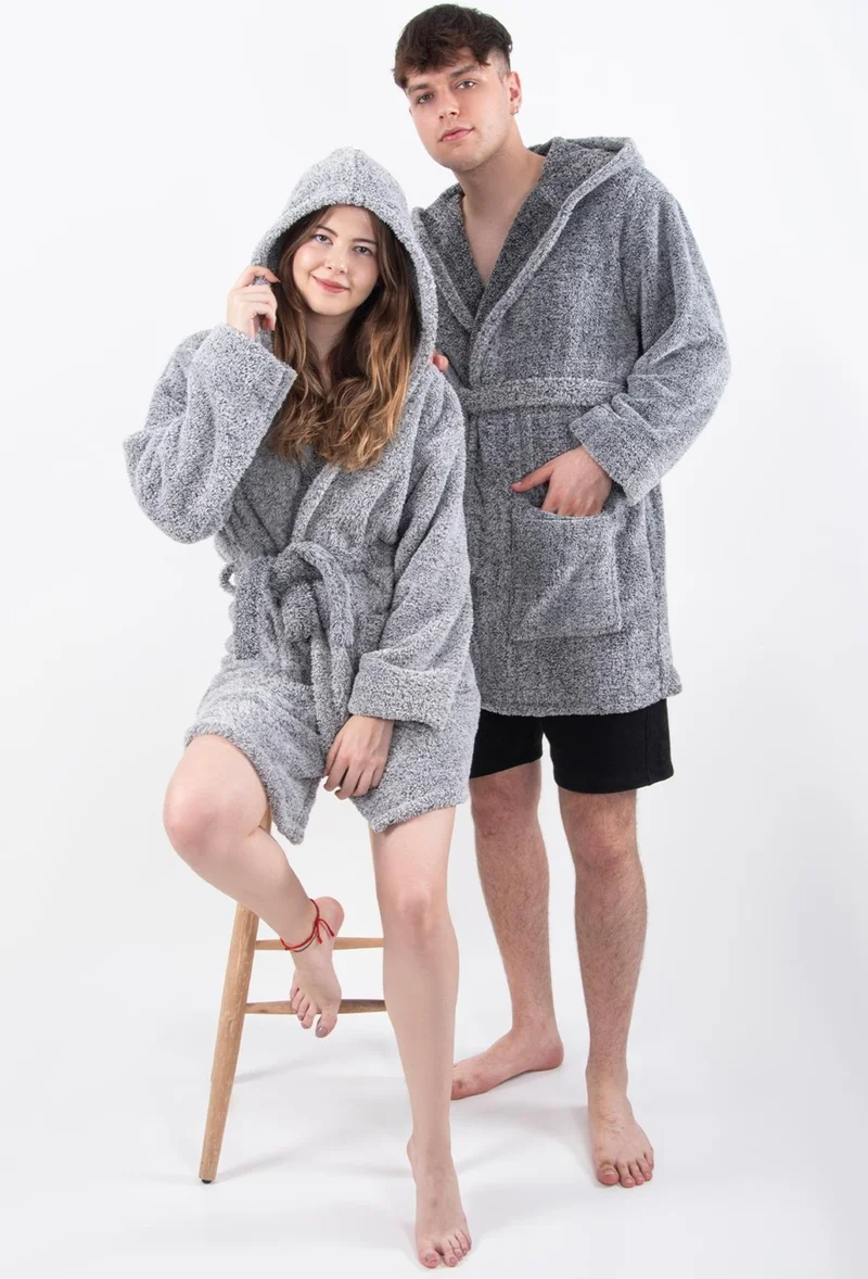 Maison Art Plain Unisex Dressing Gown Bathrobe Wellsoft Plush Hooded Dressing Gown for Men and Women