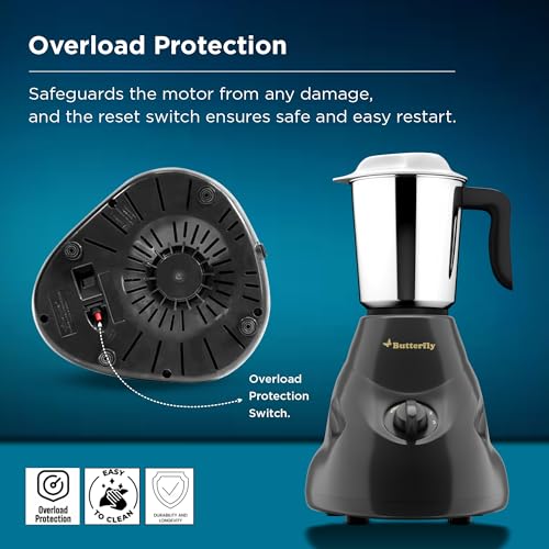Butterfly Hero 500 Watts Mixer Grinder with 3 Jars | Stainless Steel Multipurpose Jars | ABS Body | Motor Overload Protection | 1 Year Manufacturer's Warranty | Grey - Image 5