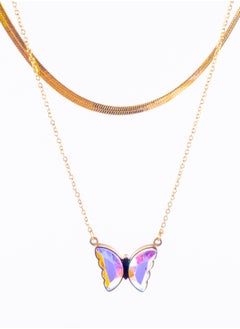 The Black Pearl Accessories Stainless Steel Necklace 2 Layers skin Back with a Colorful Butterfly Pendant  - Image 1